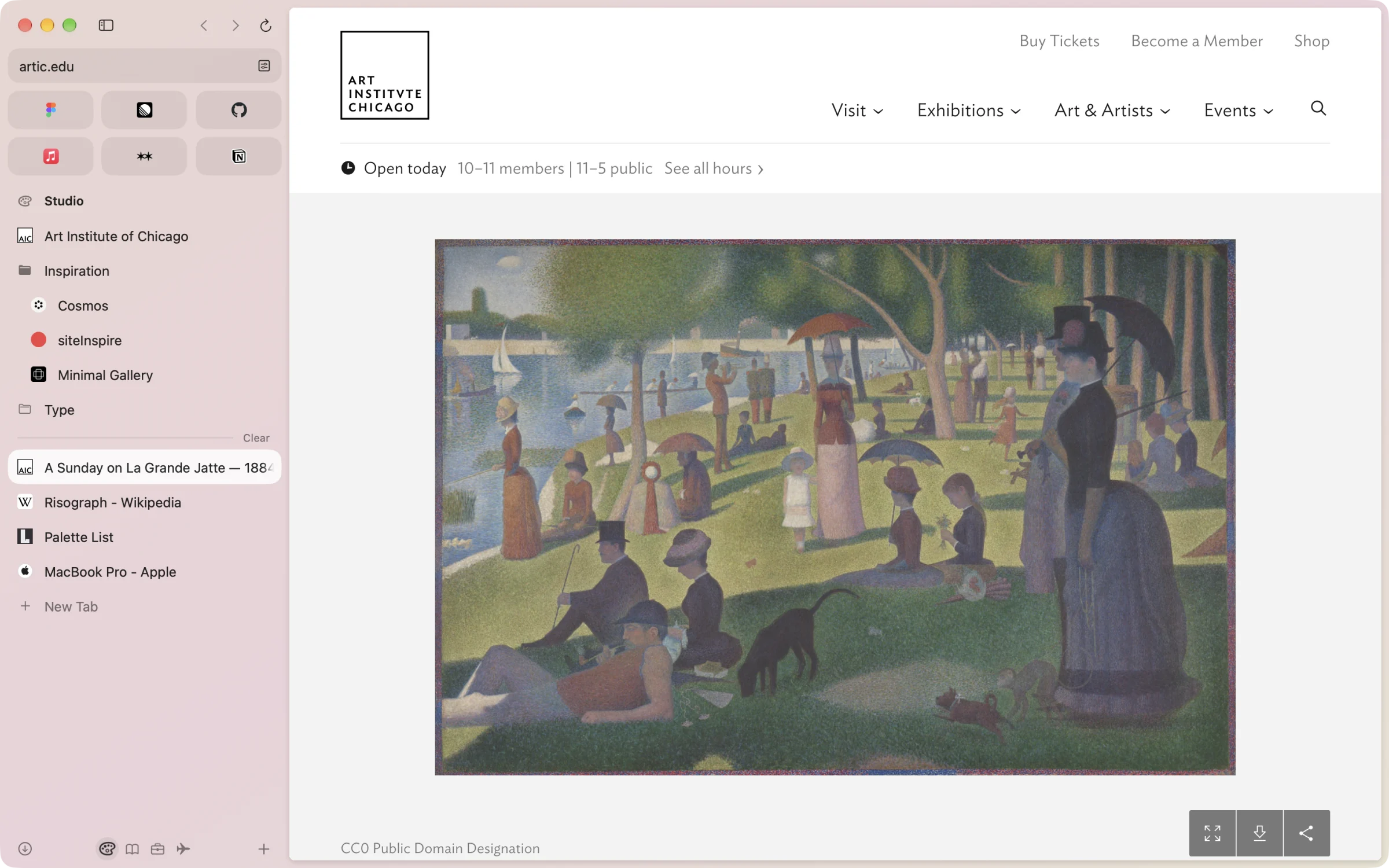 A Room window: the Studio space’s tinted sidebar of Essentials, pinned pages and today’s tabs, beside Seurat’s A Sunday on La Grande Jatte.
