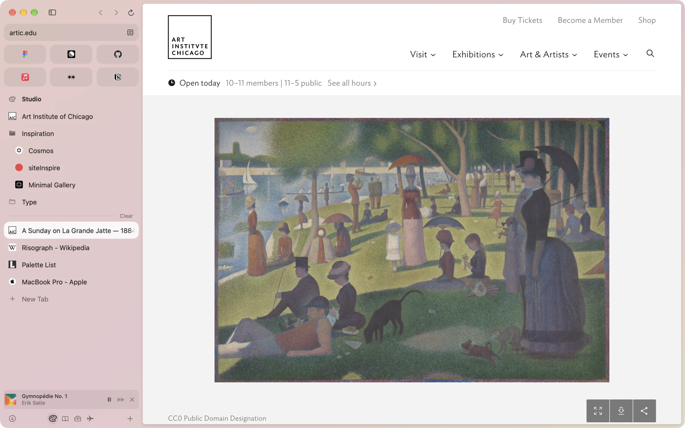 The bottom corner of Room’s sidebar: Gymnopédie No. 1 by Erik Satie playing, with its artwork and controls.