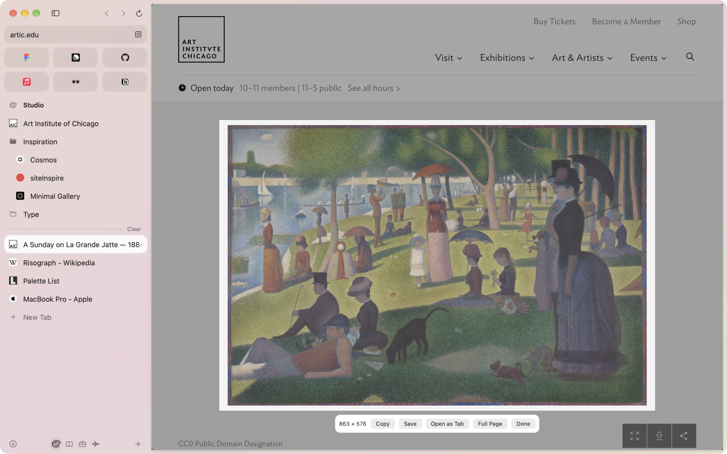 A painting selected with Room’s screenshot tool, its Copy, Save and Open as Tab bar below.